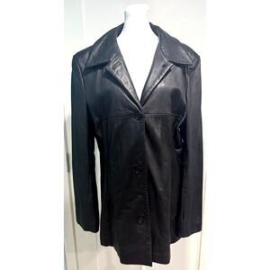 Lady Hathaway Genuine Leather Long Leather Jacket Notch Lapel Blazer 90s